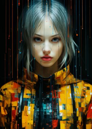 Cyberpunk Woman Portrait: Digital Art Print - Premium Wooden Framed Poster. Ready to Hang.