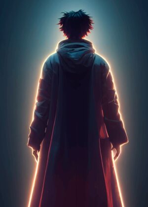 Mysterious Anime Figure in Long Coat Artwork - Premium Wooden Framed Poster. Ready to Hang.