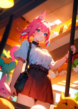 Anime Girl in Toy Store: A Whimsical Delight - Premium Wooden Framed Poster. Ready to Hang.