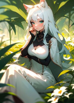 Anime Girl Whispering Blossoms: A Serene Digital Art Print - Premium Wooden Framed Poster. Ready to Hang.