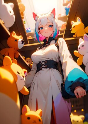 Anime Girl in a Toy Store: A Whimsical Digital Artwork - Premium Wooden Framed Poster. Ready to Hang.