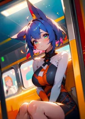 Anime Girl Subway Serenity: Vibrant Digital Art Print - Premium Wooden Framed Poster. Ready to Hang.