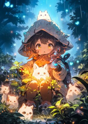 Anime Girl and Magical Creatures in a Mystical Forest - Premium Wooden Framed Poster. Ready to Hang.
