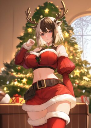 Christmas Anime Girl: Festive Holiday Artwork - Premium Wooden Framed Poster. Ready to Hang.