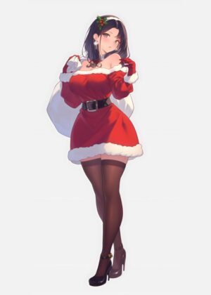 Anime Girl Christmas Illustration: Festive Holiday Spirit - Premium Wooden Framed Poster. Ready to Hang.