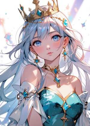 Anime Princess with Blue Eyes: Celestial Beauty Artwork - Premium Wooden Framed Poster. Ready to Hang.