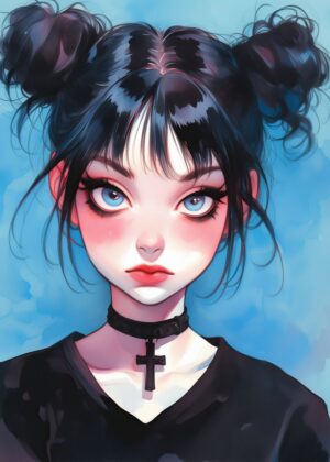 Goth Girl with Blue Eyes: Anime Art Print - Premium Wooden Framed Poster. Ready to Hang.