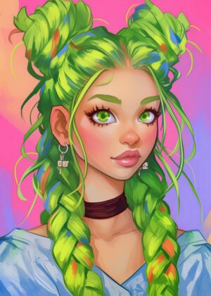 Vibrant Green Hair Girl Art Print - Premium Wooden Framed Poster. Ready to Hang.