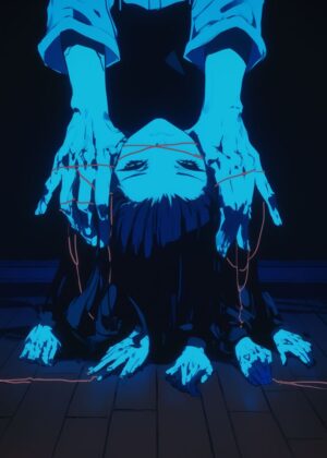Anime Girl Bound by Strings: A Cyberpunk Masterpiece - Premium Wooden Framed Poster. Ready to Hang.
