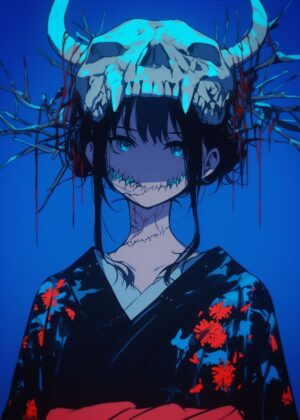 Anime Girl with Skull Mask: Dark Fantasy Art Print - Premium Wooden Framed Poster. Ready to Hang.