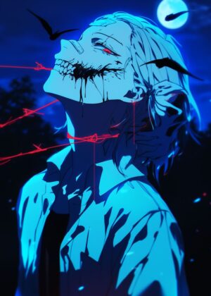 Anime Character with Bloody Mouth: Night Scene Artwork - Premium Wooden Framed Poster. Ready to Hang.