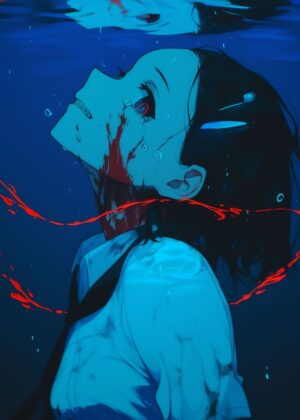 Anime Girl Underwater: A Deep Dive into Melancholy - Premium Wooden Framed Poster. Ready to Hang.
