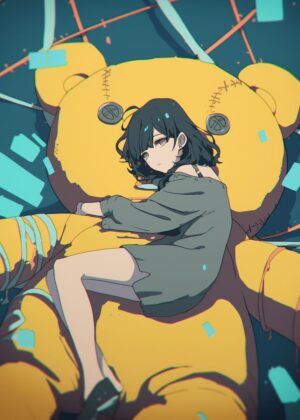 Girl and Giant Teddy Bear: A Melancholy Anime Artwork - Premium Wooden Framed Poster. Ready to Hang.