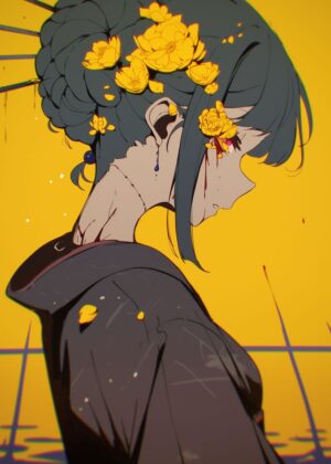 Anime Girl with Yellow Flowers: Melancholy Beauty - Premium Wooden Framed Poster. Ready to Hang.