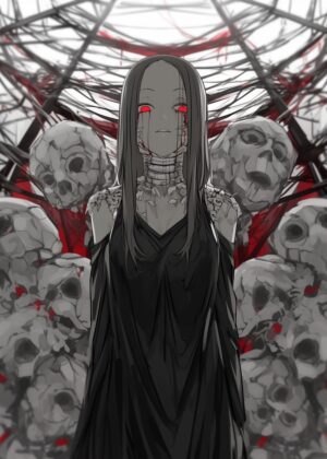 Dark Anime Girl with Skulls: Gothic Art Print - Premium Wooden Framed Poster. Ready to Hang.