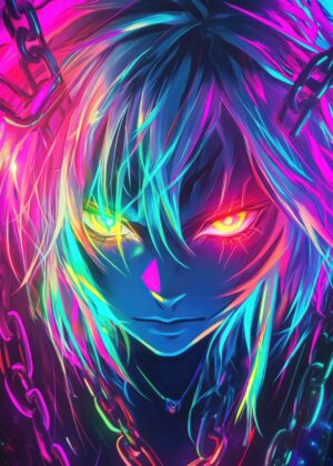 Neon Anime Girl: Vibrant Digital Art Print - Premium Wooden Framed Poster. Ready to Hang.