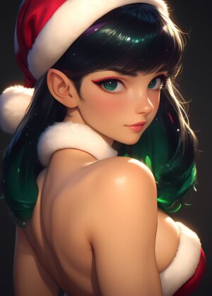 Anime Girl Christmas Portrait: Festive Digital Art - Premium Wooden Framed Poster. Ready to Hang.