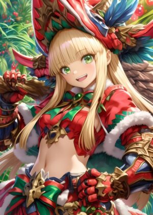 Anime Girl in Festive Christmas Armor: Holiday Artwork Print - Premium Wooden Framed Poster. Ready to Hang.