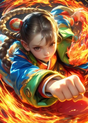 Fiery Anime Girl Punch Art Print - Premium Wooden Framed Poster. Ready to Hang.