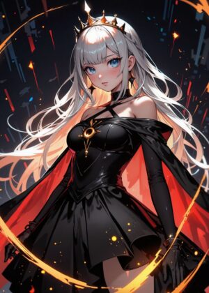 Anime Girl with Crown: Elegant Fantasy Art Print - Premium Wooden Framed Poster. Ready to Hang.