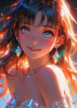 Radiant Anime Girl in Sparkling Attire - Premium Wooden Framed Poster. Ready to Hang.