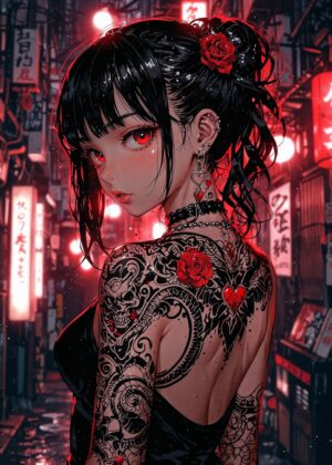 Anime Girl with Intricate Tattoo Art - Premium Wooden Framed Poster. Ready to Hang.
