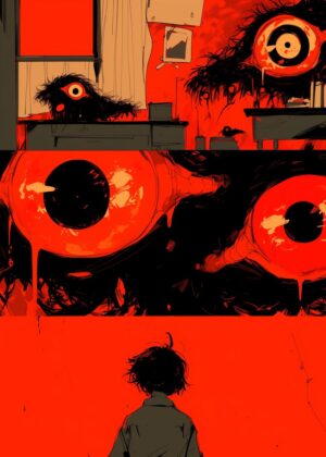 Red Eye Horror Illustration: A Chilling Encounter - Premium Wooden Framed Poster. Ready to Hang.