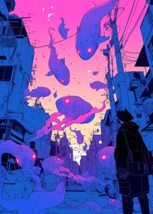 Neon Fish Cityscape: A Cyberpunk Dreamscape - Premium Wooden Framed Poster. Ready to Hang.