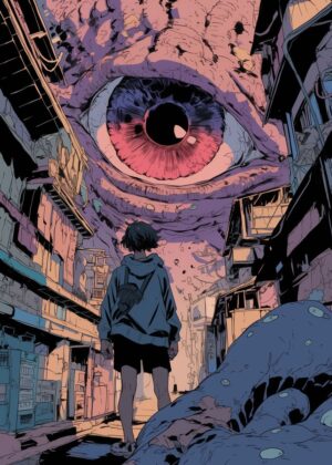 Giant Eye Cityscape: Urban Fantasy Art Print - Premium Wooden Framed Poster. Ready to Hang.
