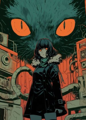 Anime Girl and Mysterious Cat: Dark Fantasy Art Print - Premium Wooden Framed Poster. Ready to Hang.