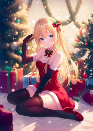 Christmas Anime Girl: Festive Holiday Artwork - Premium Wooden Framed Poster. Ready to Hang.
