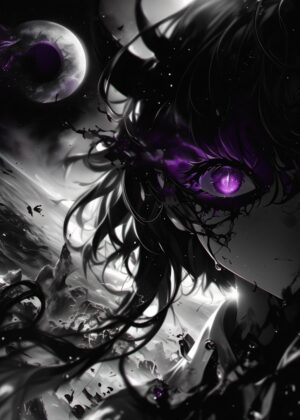 Anime Girl with Purple Eye: Dark Fantasy Art Print - Premium Wooden Framed Poster. Ready to Hang.