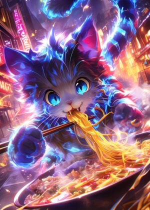 Magical Cat Noodle Delight: Anime-Style Digital Art Print - Premium Wooden Framed Poster. Ready to Hang.