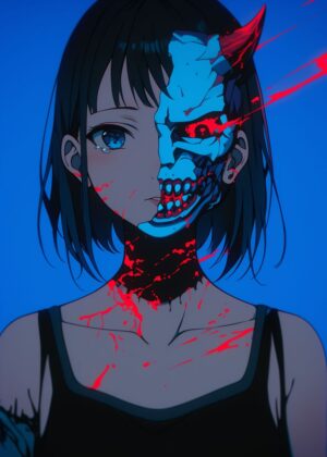 Anime Girl with Skull Mask: Digital Art Print - Premium Wooden Framed Poster. Ready to Hang.