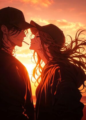 Sunset Romance: Anime Couple Art Print - Premium Wooden Framed Poster. Ready to Hang.