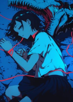Anime Girl and Dinosaur: A Digital Art Print - Premium Wooden Framed Poster. Ready to Hang.
