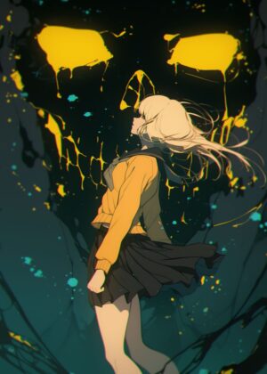 Anime Girl Facing a Skull: Dark Fantasy Art Print - Premium Wooden Framed Poster. Ready to Hang.