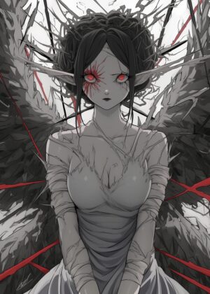 Fallen Angel with Red Eyes: Dark Fantasy Art Print - Premium Wooden Framed Poster. Ready to Hang.