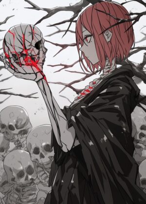 Anime Girl Holding a Shattered Skull - Premium Wooden Framed Poster. Ready to Hang.