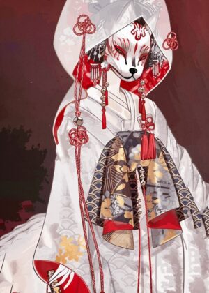 Elegant Kitsune in White Kimono: Japanese Mythology Art Print - Premium Wooden Framed Poster. Ready to Hang.