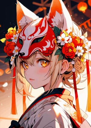 Anime Girl with Kitsune Mask: Elegant and Mystical Art Print - Premium Wooden Framed Poster. Ready to Hang.