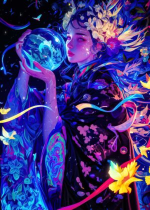 Mystical Woman and Her Orb: A Vibrant Fantasy Artwork - Premium Wooden Framed Poster. Ready to Hang.