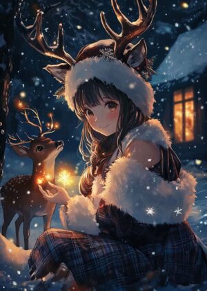 Anime Girl and Reindeer in Winter Wonderland - Premium Wooden Framed Poster. Ready to Hang.