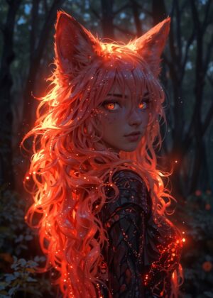 Fiery Fox Girl: Embodiment of Ember and Grace - Premium Wooden Framed Poster. Ready to Hang.