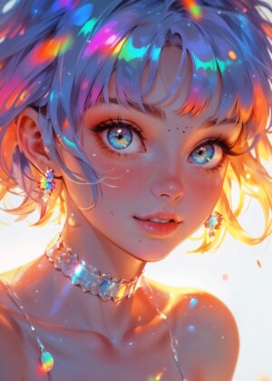 Anime Girl with Iridescent Hair: A Dreamy Digital Art Print - Premium Wooden Framed Poster. Ready to Hang.