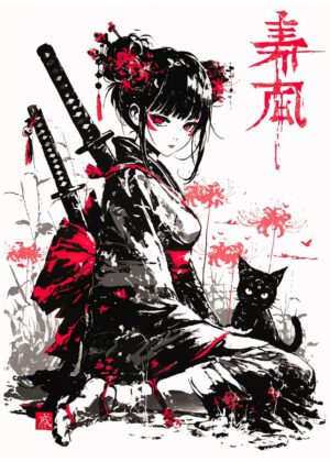 Samurai Girl and Black Cat: A Japanese Art Print - Premium Wooden Framed Poster. Ready to Hang.