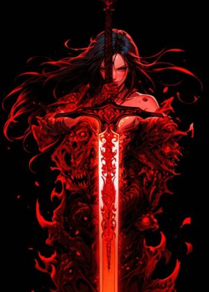 Crimson Warrior: A Fiery Digital Art Print - Premium Wooden Framed Poster. Ready to Hang.