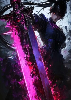 Anime Girl with Fiery Sword - Premium Wooden Framed Poster. Ready to Hang.