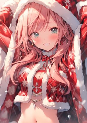 Smiling Anime Girl in Festive Red Outfit - Premium Wooden Framed Poster. Ready to Hang.