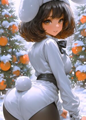 Adorable Anime Girl in Winter Bunny Outfit - Premium Wooden Framed Poster. Ready to Hang.